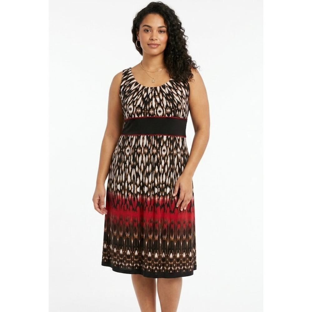R & M Richards Sleeveless Midi Dress Black White Tan Red Abstract Ikat Large